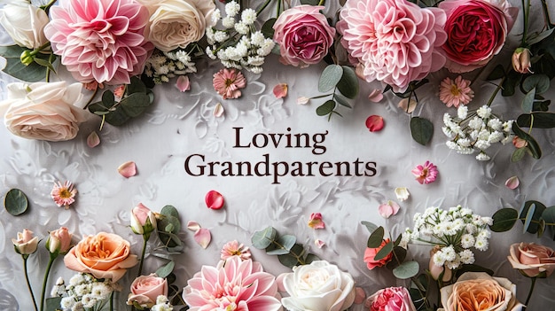 Loving grandparents text banner and flowers celebrate the warmth of family bonds with this heartwarming image perfect for showcasing cherished memories and affectionate moments