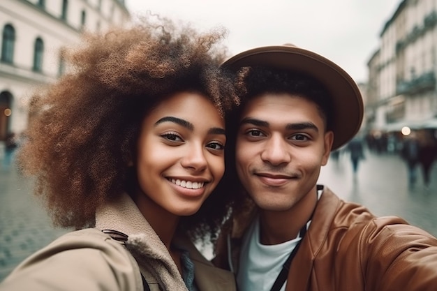 Loving happy couple of travelers take selfies on street on trip to cities of Europe Generative AI