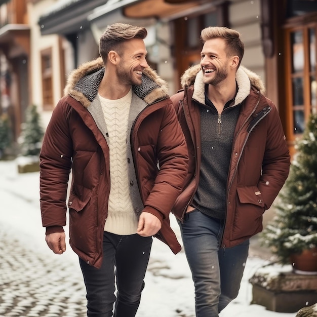 Loving homosexual couple is enjoying a romantic winter day