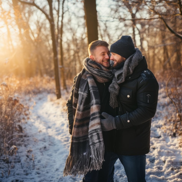 Loving homosexual couple is enjoying a romantic winter day