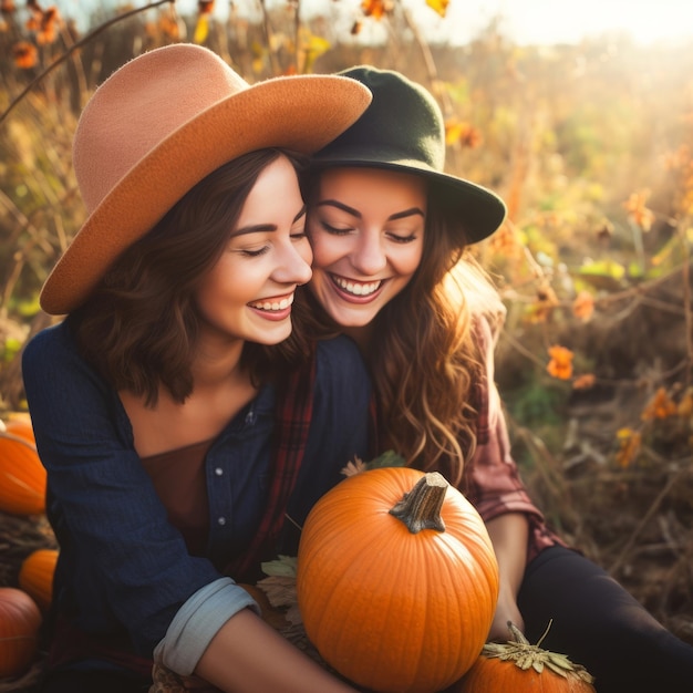 Loving homosexual womans couple is enjoying a romantic autumn day