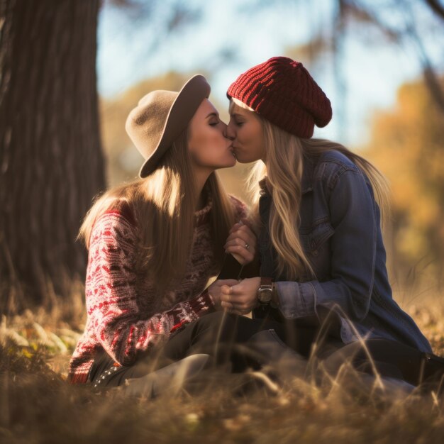 Photo loving homosexual womans couple is enjoying a romantic autumn day