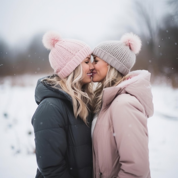 Photo loving homosexual womans couple is enjoying a romantic winter day