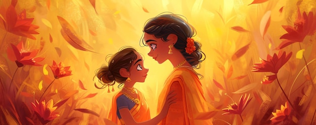 Loving Indian mother and daughter on orange background Diwali festival Ugadi or Gudi Padwa