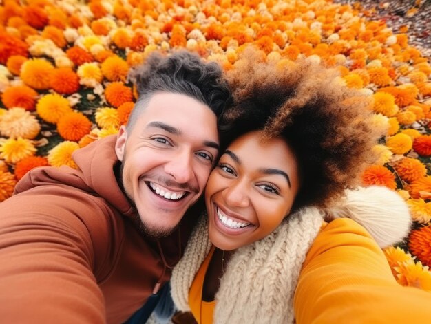 Photo loving interracial couple is enjoying a romantic autumn day
