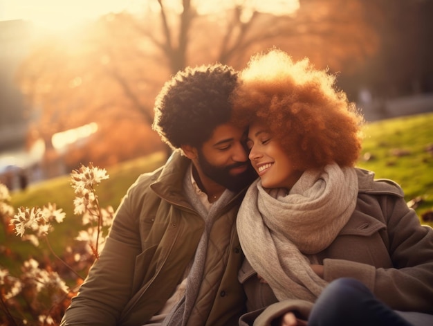 Loving interracial couple is enjoying a romantic autumn day