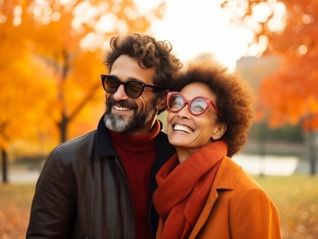 Loving interracial couple is enjoying a romantic autumn day