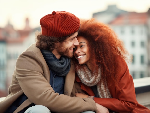 Photo loving interracial couple is enjoying a romantic autumn day