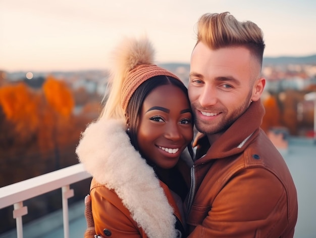 Loving interracial couple is enjoying a romantic autumn day