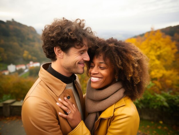 Loving interracial couple is enjoying a romantic autumn day