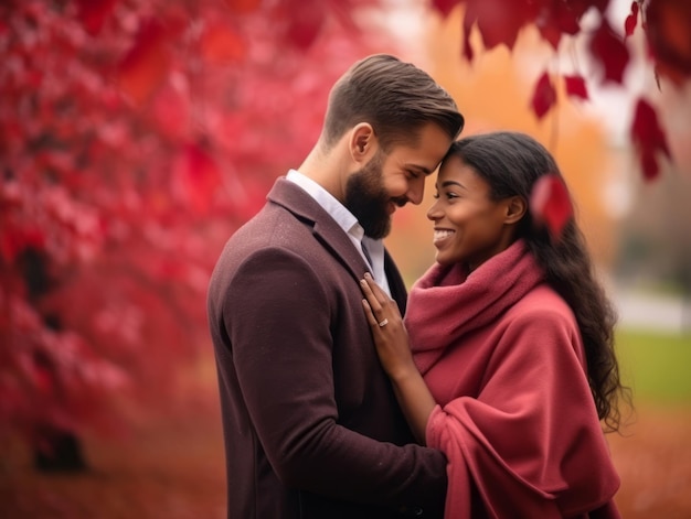 Loving interracial couple is enjoying a romantic autumn day