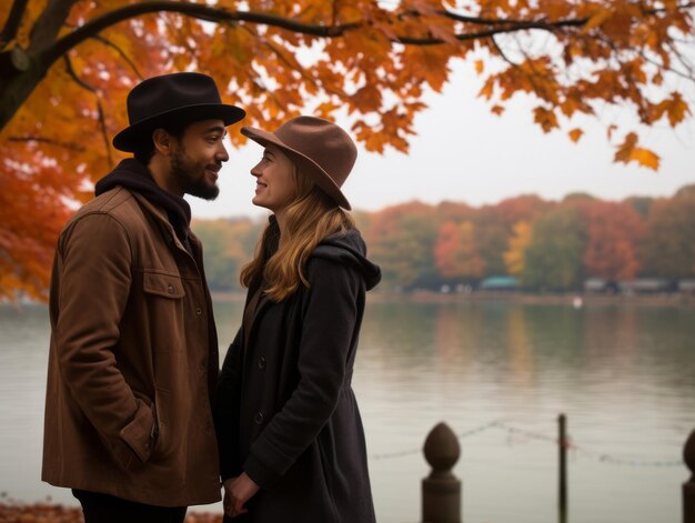 Photo loving interracial couple is enjoying a romantic autumn day