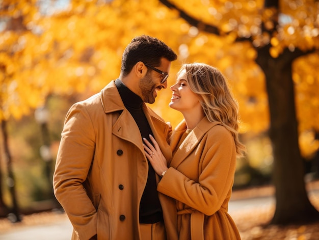 Loving interracial couple is enjoying a romantic autumn day