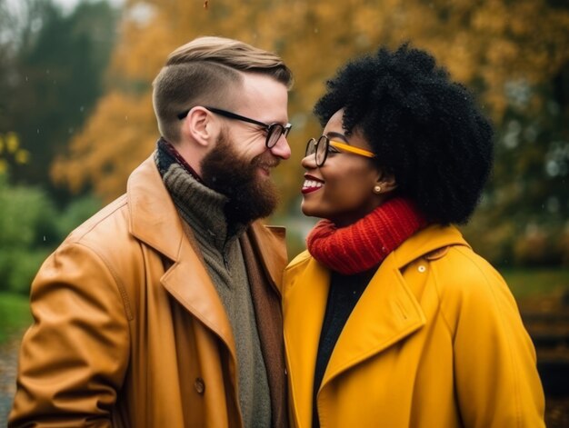 Loving interracial couple is enjoying a romantic autumn day