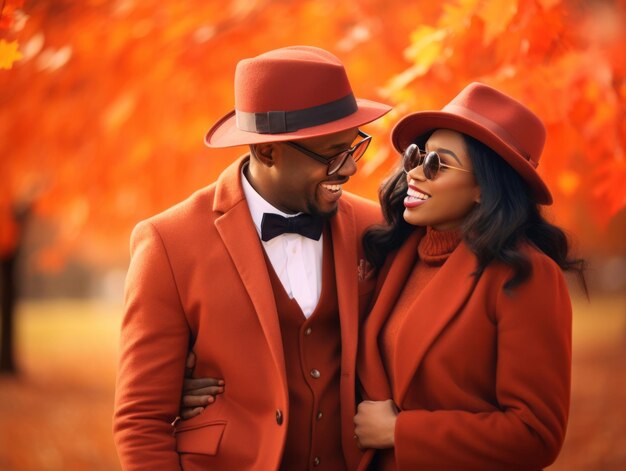 Loving interracial couple is enjoying a romantic autumn day