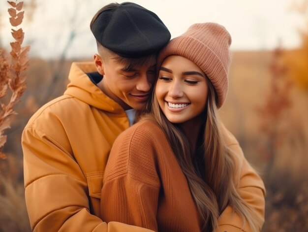 Photo loving interracial couple is enjoying a romantic autumn day