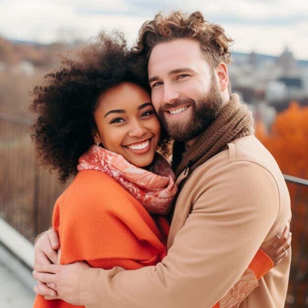 Photo loving interracial couple is enjoying a romantic autumn day