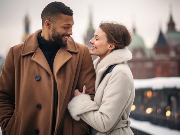 Loving interracial couple is enjoying a romantic winter day