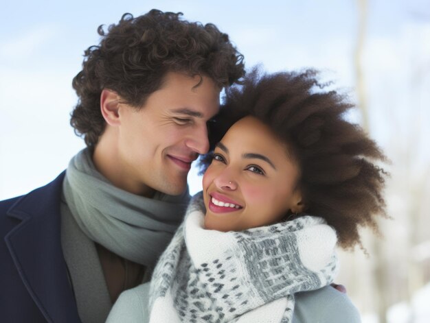 Loving interracial couple is enjoying a romantic winter day