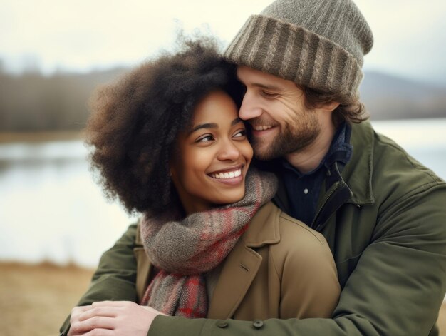 Loving interracial couple is enjoying a romantic winter day