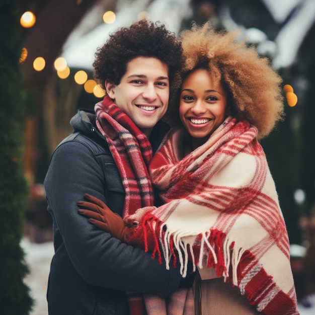 Loving interracial couple is enjoying a romantic winter day