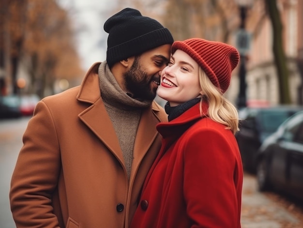 Loving interracial couple is enjoying a romantic winter day