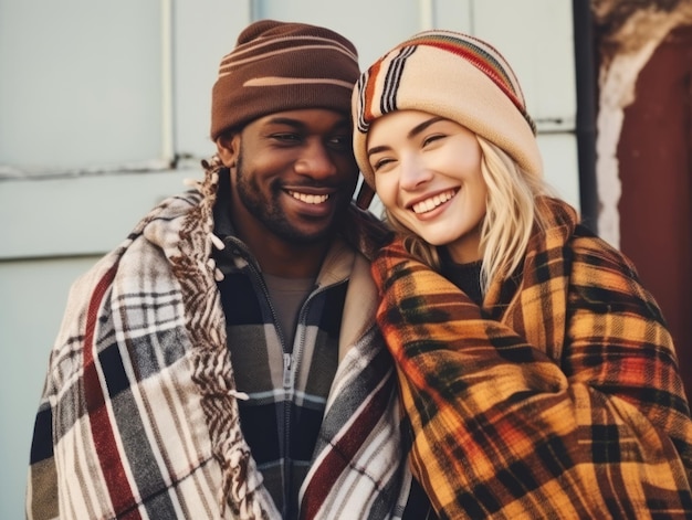 Loving interracial couple is enjoying a romantic winter day