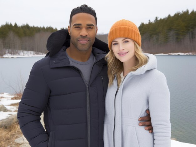 Loving interracial couple is enjoying a romantic winter day