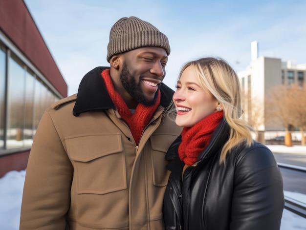 Loving interracial couple is enjoying a romantic winter day