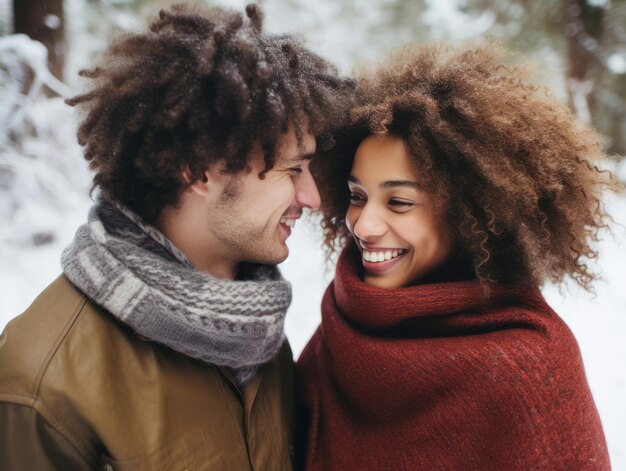 Loving interracial couple is enjoying a romantic winter day