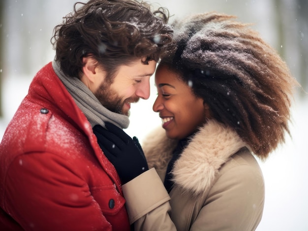 Loving interracial couple is enjoying a romantic winter day