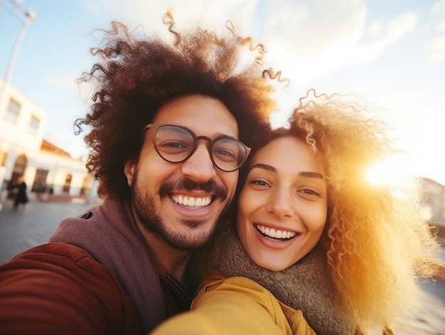 Photo loving interracial couple is enjoying a romantic winter day