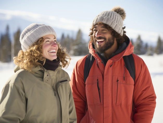 Loving interracial couple is enjoying a romantic winter day