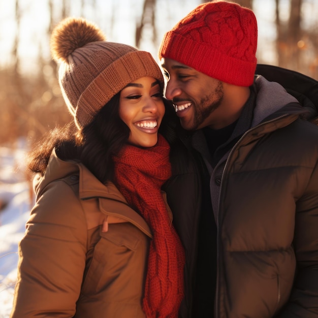 Любящая межрасовая пара наслаждается романтическим зимним днем.