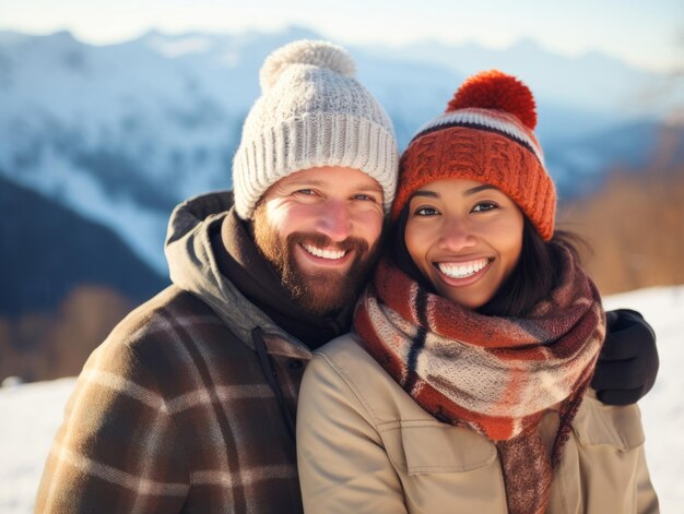愛する異人種間のカップルがロマンチックな冬の日を楽しんでいます