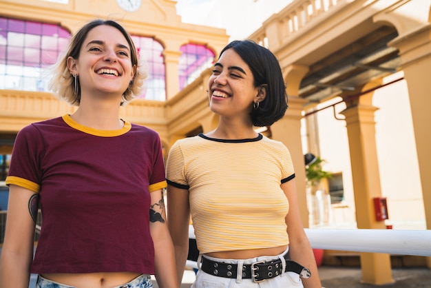 Photo loving lesbian couple having a date.