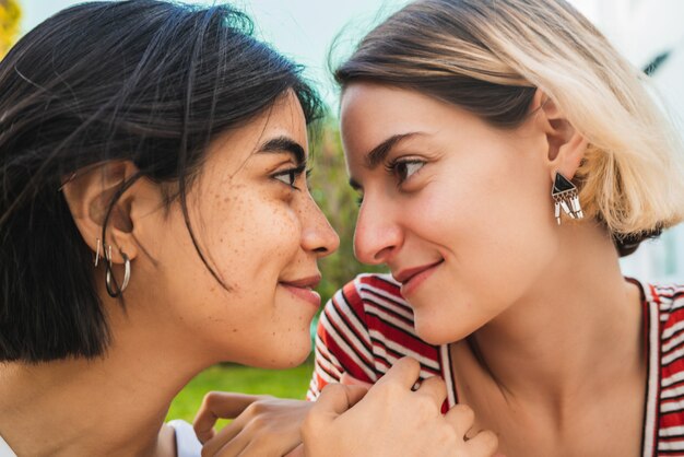 Photo loving lesbian couple having a date.