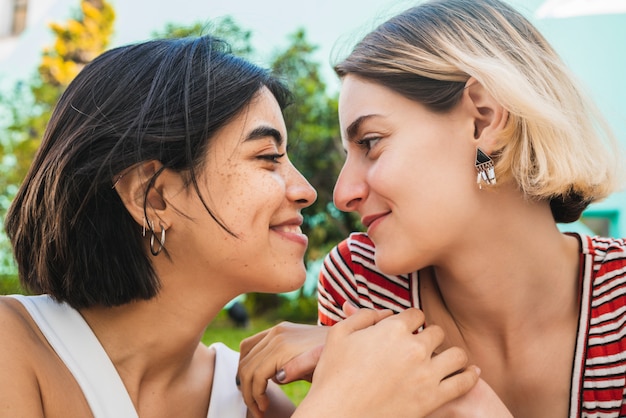 Photo loving lesbian couple having a date.