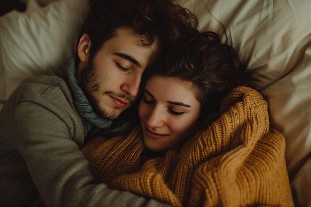 Loving Man and Woman Hugging on Bed