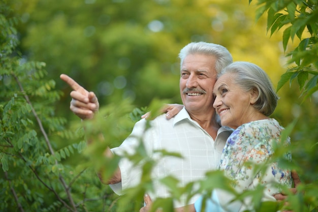 Loving mature couple  in summer park,man pointing by his hand