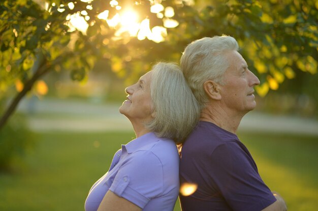 Loving mature couple  in summer park on the Sunset