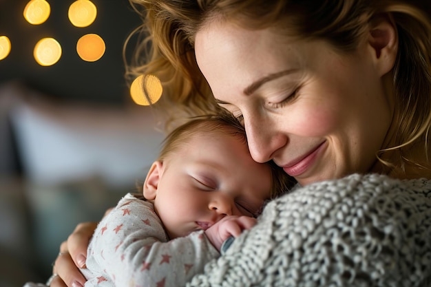 Photo loving mom carying of her newborn baby at home