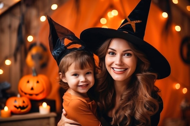 Loving mom and daughter preparing for Halloween party Mother Daughter Halloween