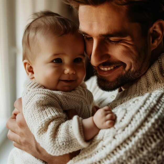 Loving moment between father and infant suitable for family products advertising