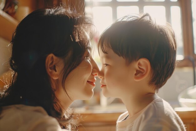 사진 loving mother and son bond affectionately in kitchen