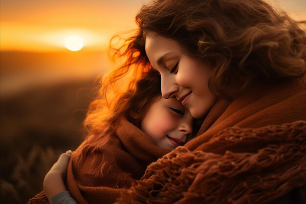 Loving Mother Embracing daughter in the Glow of the Sunset with Ample Space for Text Mothers day