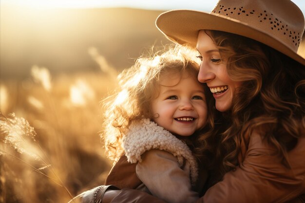 Loving Mother Embracing daughter in the Glow of the Sunset with Ample Space for Text Mothers day