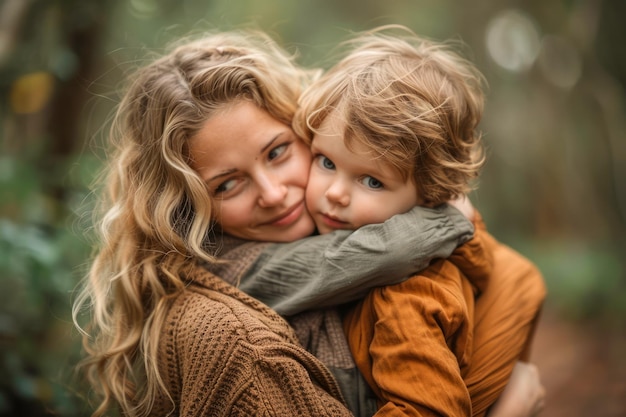 Loving Mother Embracing Young Son in Warm Autumnal Forest Setting Display of Maternal Affection