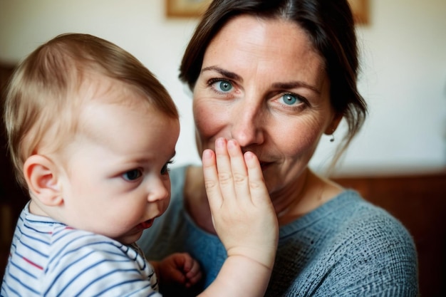 Loving mother playing peekaboo with baby boy who is peeking through her hands