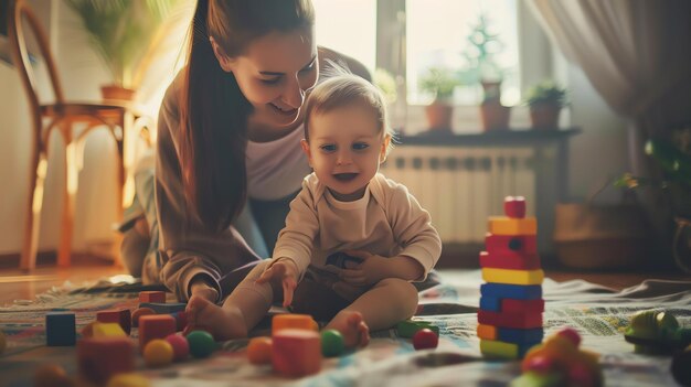 Una madre amorevole gioca con il suo bambino sul pavimento sono circondati da giocattoli la madre sorride e guarda il suo bambino